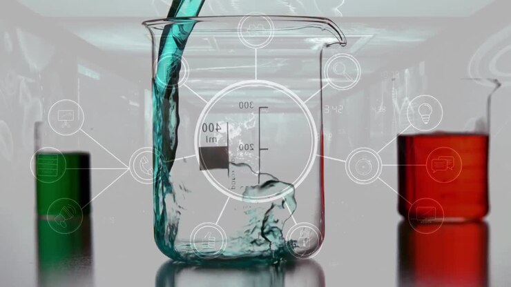 Animation of globe and data processing over beakers with liquid