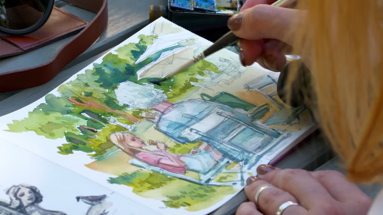 ศิลปินกำลังวาดภาพกลางแจ้งด้วยสีน้ำ กำลังเก็บรายละเอียดสุดท้ายของภาพวาด 10