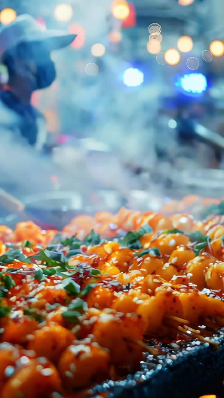 Grilled Street Food at Night Market in Vibrant City. Savory grilled skewers are being prepared at a bustling night market filled with lively vendors and the aroma of spices filling the air.