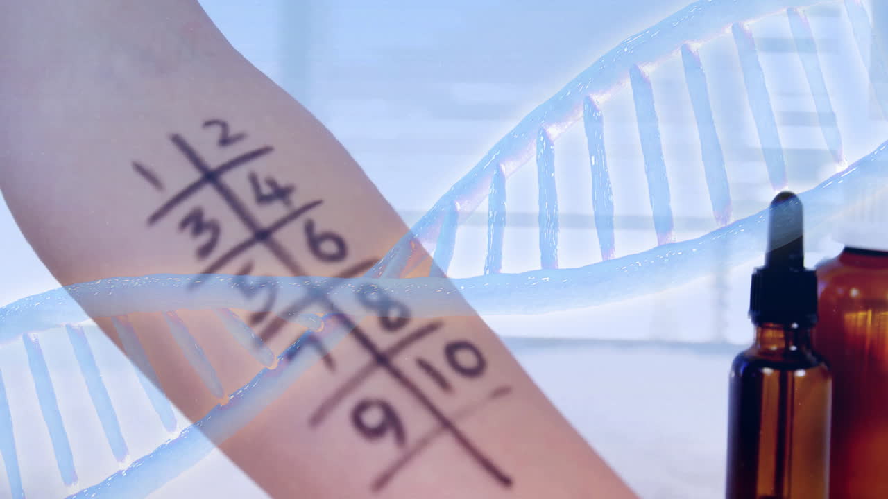 알레르기 검사 표시와 약병 병을 가진 팔 위의 dna 줄무 애니메이션