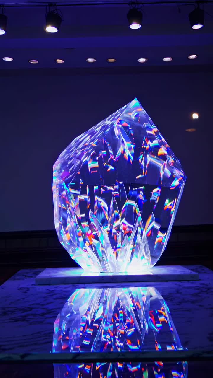 A video still of a crystal sculpture with prismatic reflections, captured from a low angle