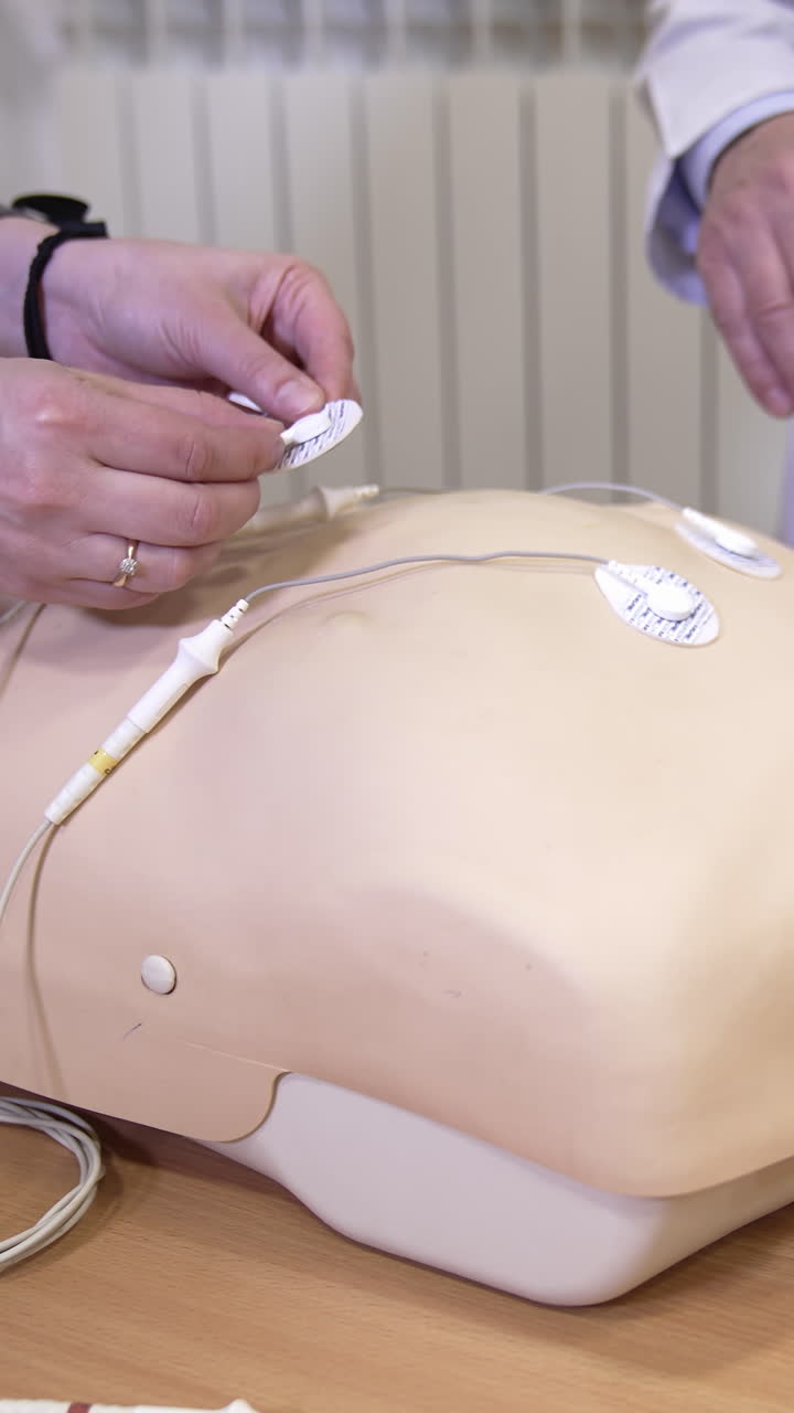 First aid training dummy. Demonstrating chest compressions on CPR doll in the class