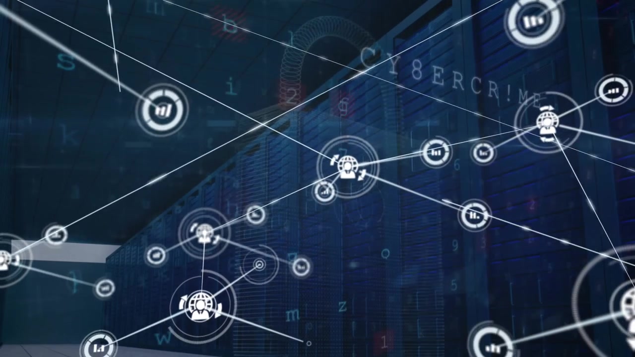 Animation af netværk af forbindelser med ikoner og databehandling over serverrum