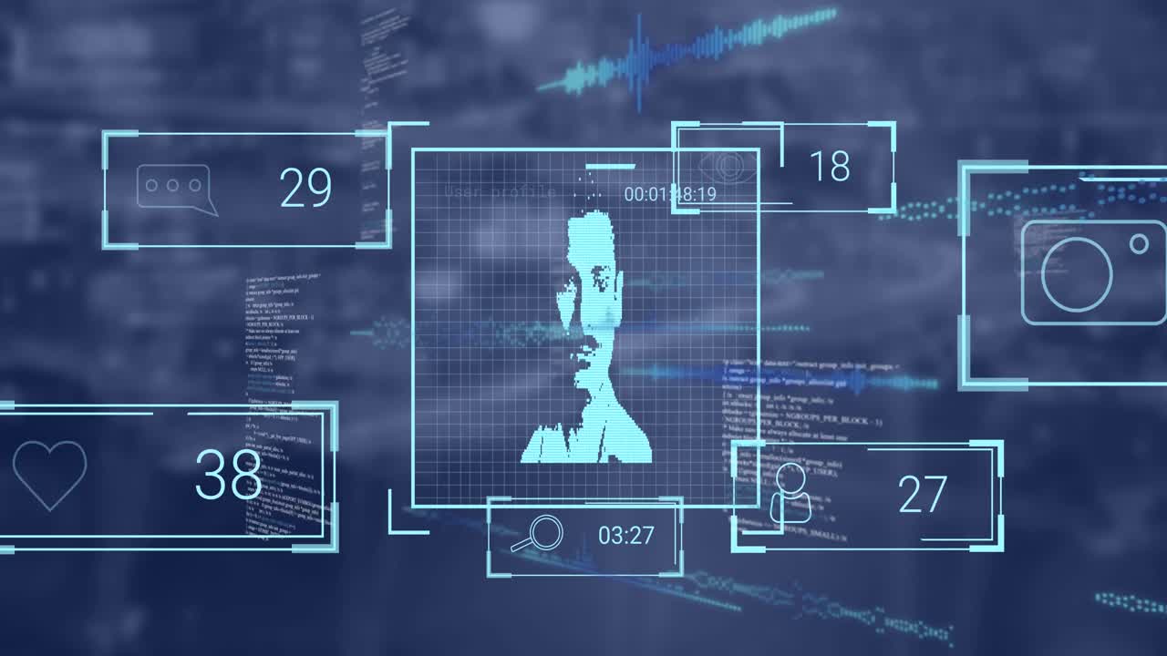 animación del procesamiento de datos y los iconos de personas sobre un fondo borroso