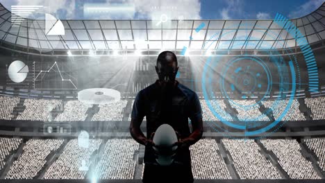 Animation-of-data-processing-and-rugby-player-holding-ball-over-sports-stadium