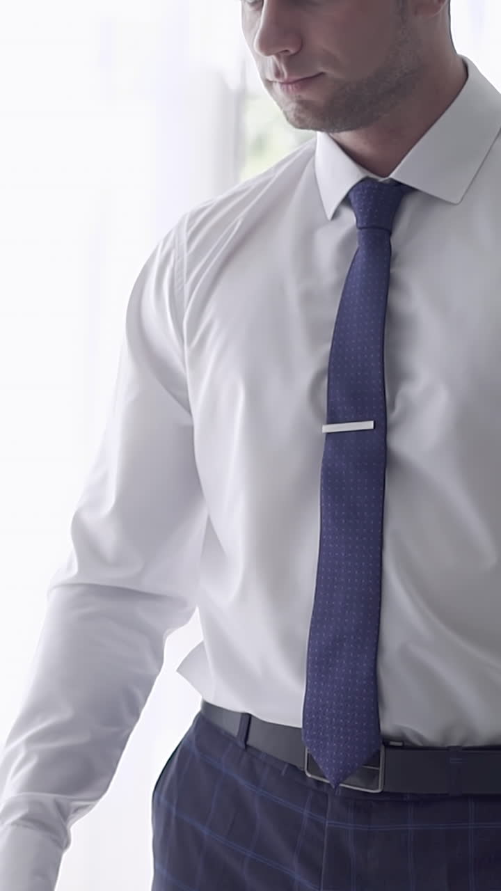 slow motion handsome fiance in white shirt with tie catches wedding suit jacket against white background