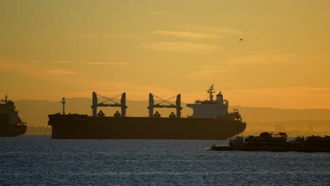 a barge loaded with cargo truck being transported to ships or across the harbor at sunset