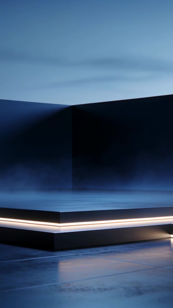 Vertical video: Camera panning revealing platform at studio for display, showing LED strip and fog