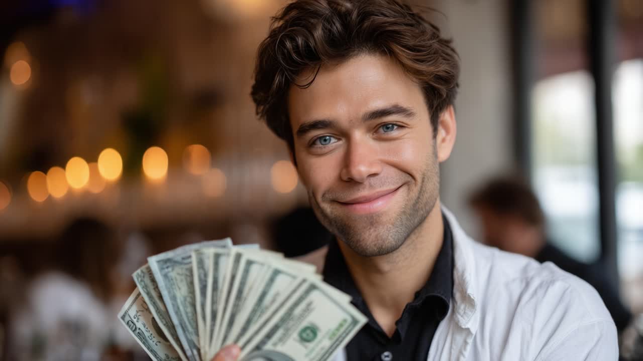 Un giovane sorride mentre tiene in mano un ventaglio di contanti, mostrando successo finanziario e felicità in un vivace ristorante illuminato da luci calde