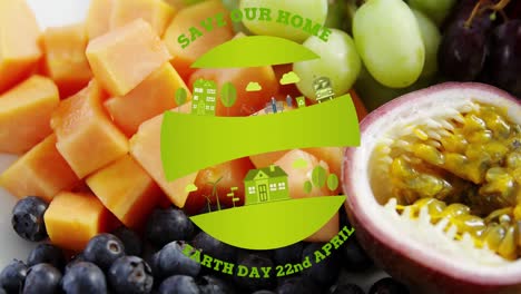 animación del banner de texto del día de la tierra contra el primer plano de una variedad de frutas