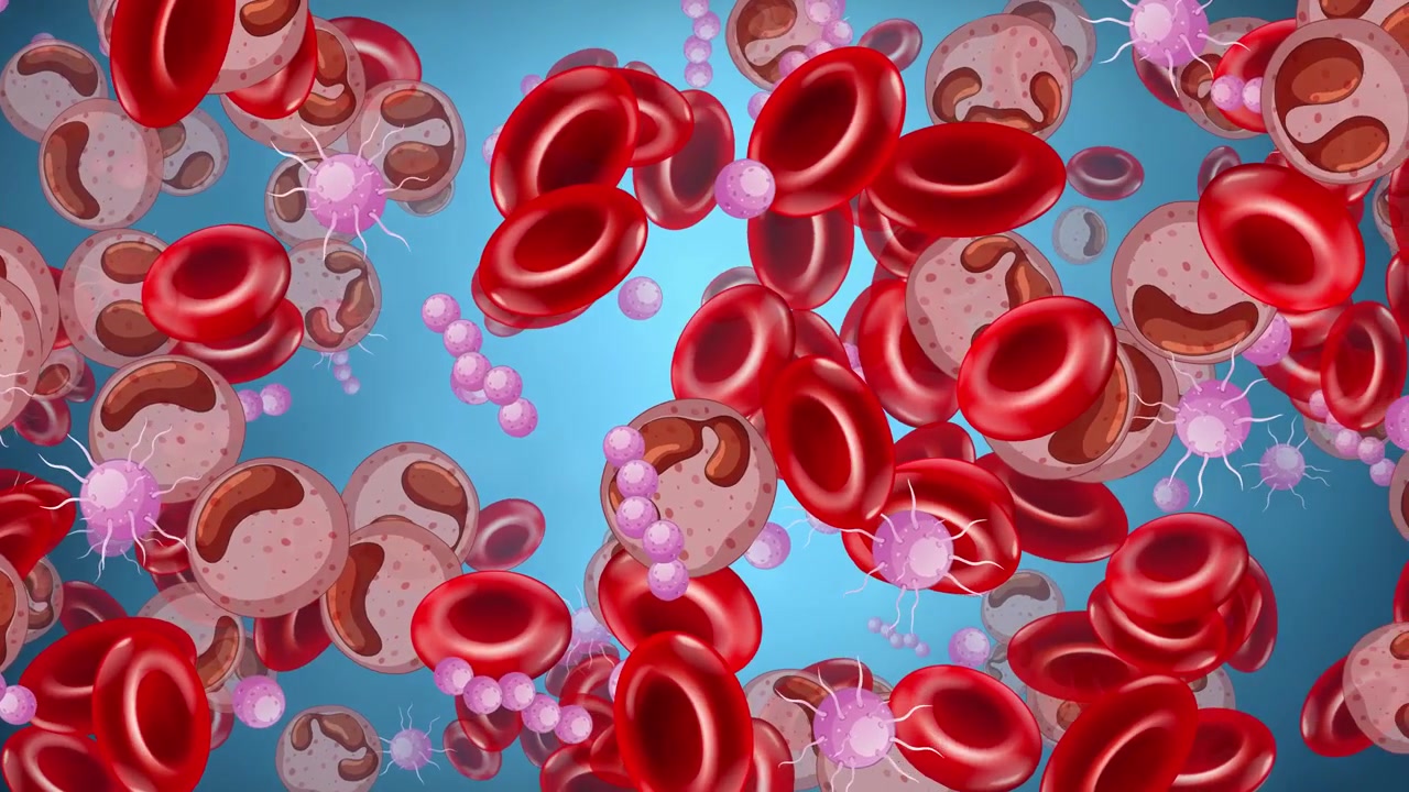 Stylized medical animation of erythrocytes and leukocytes drifting across a blue background in a loop.