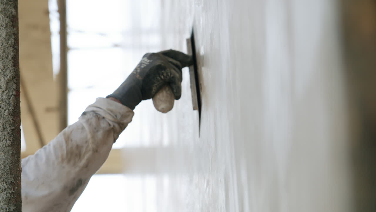 Worker applying plaster to a wall with a trowel