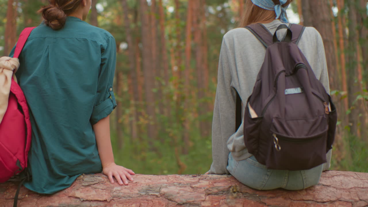 Two hikers pause on their journey in a serene forest, one wearing a blue bandana and the other in a green shirt, both appearing thoughtful and at peace, surrounded by lush greenery and tall trees