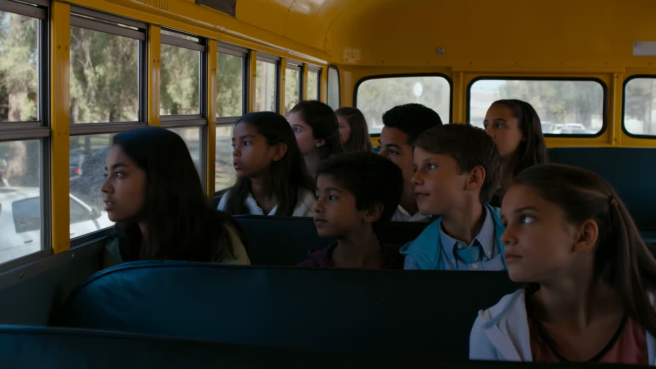 Gruppo eterogeneo di bambini che viaggiano in scuolabus e guardano fuori dal finestrino