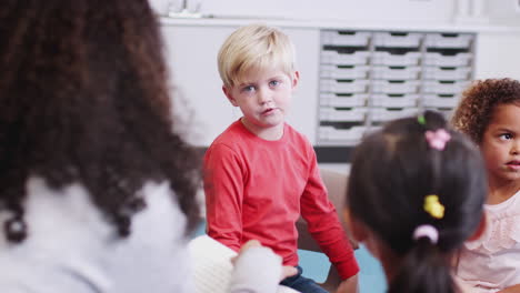 Infant-school-kids-sitting-on-chairs-talking-with-their-teacher-in-the-classroom,-over-shoulder-view