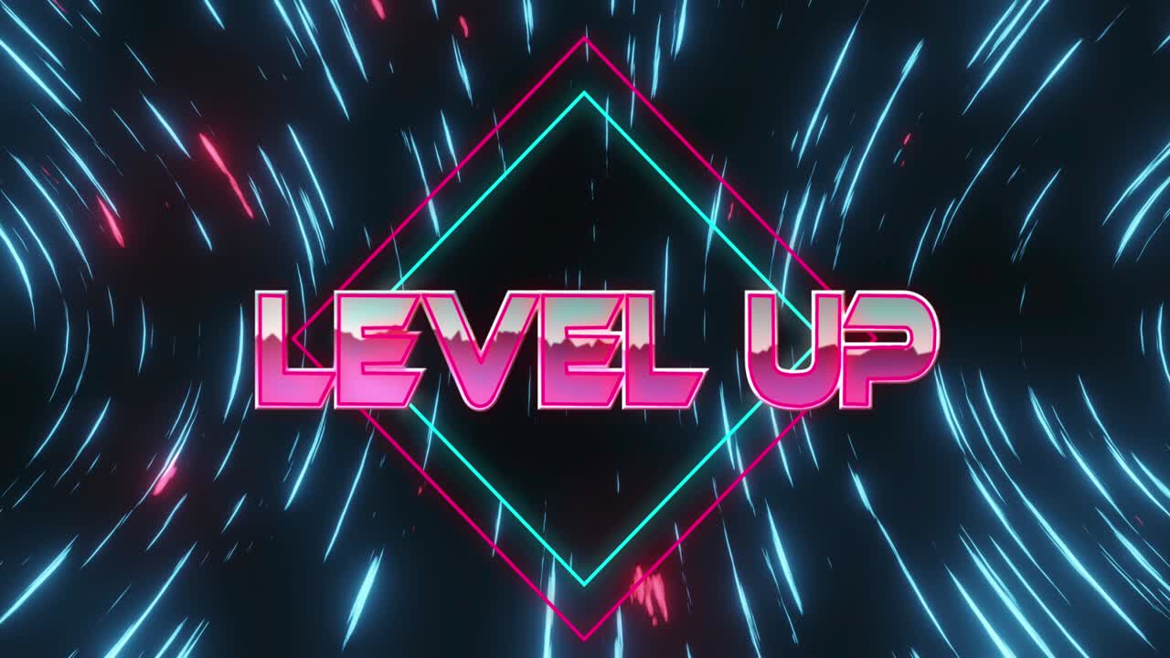 움직이는 파란색과 분홍색 빛 트레일 위에 레벨을 올리는 텍스트의 애니메이션