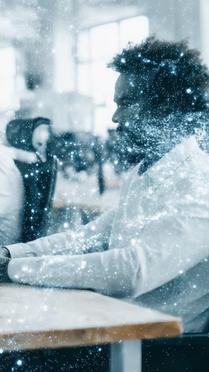 Una persona concentrata, immersa in pensieri profondi in un ambiente di lavoro dinamico, circondata da energia e creatività scintillanti, a simboleggiare innovazione e produttività