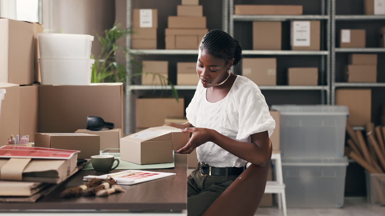 Young Black Woman Packing Products for E-commerce Business