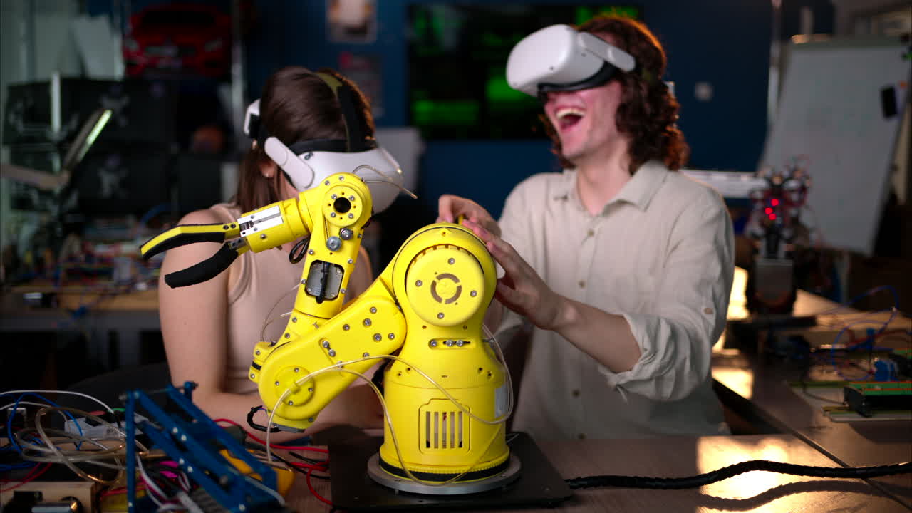 Two young happy engineers with VR virtual reality headsets fixing an yellow robotic arm in the workshop, computer programming, celebrating success