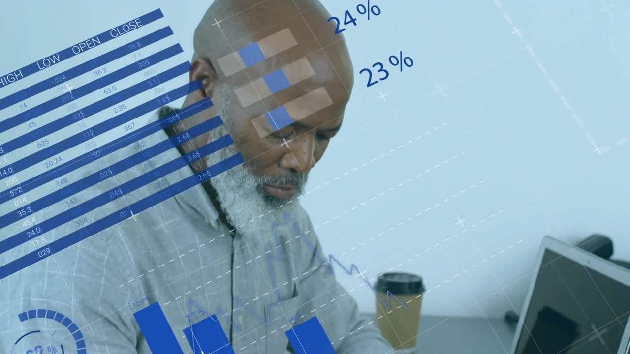 Animation of financial data processing over african american men using smartphone
