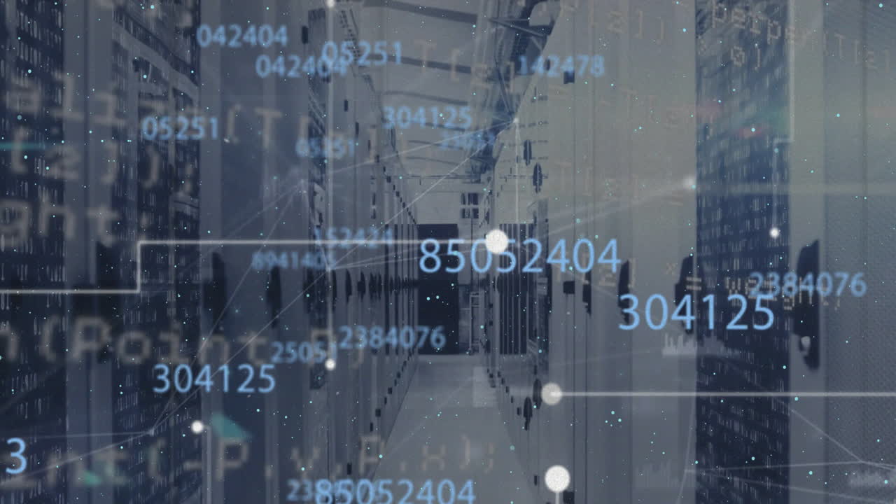 animación de números cambiantes, procesamiento de datos y red de conexiones contra la sala de servidores