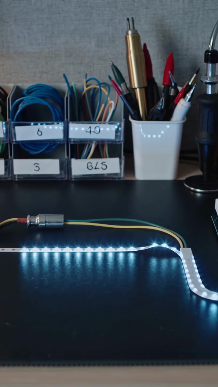 Vertical video: Panning camera revealing LED strip connection on bench to inspect, with controller