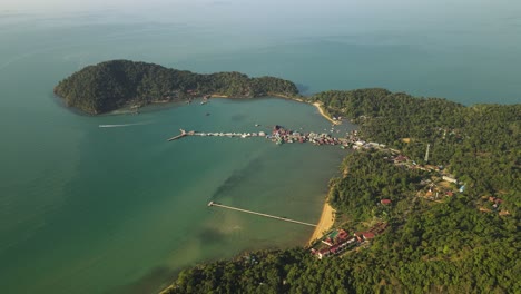 still aerial view high above bang bao pier and the rainforest of koh chang, thailand