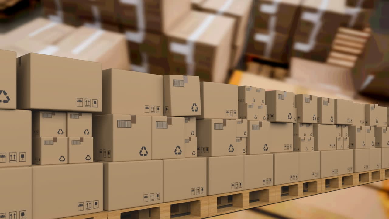 창고 위에서 컨베이어 벨트에 움직이는 카드보드 상자의 애니메이션