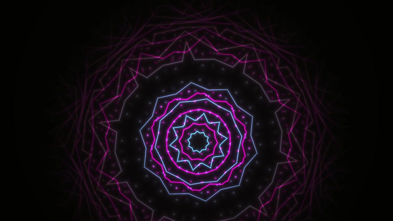 Motivo ipnotico geometrico a mandala al neon che si espande su sfondo nero