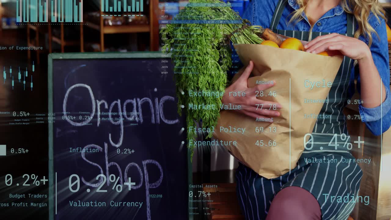 Woman grocery clerk taking bag from buyer, checking produce, with HUD charts over hands and produce