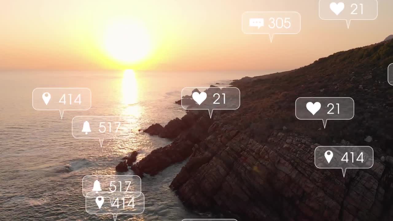 Animation of social media icons over sunset and sea landscape