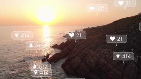 Animación-De-íconos-De-Redes-Sociales-Sobre-El-Atardecer-Y-El-Paisaje-Marino.