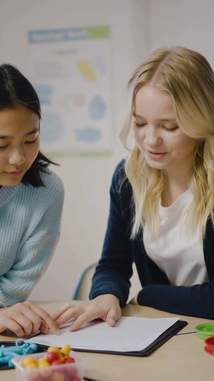 Video verticale: Due adolescenti in cardigan che indicano e rispondono a un quaderno, imparando in classe con dei cubi.