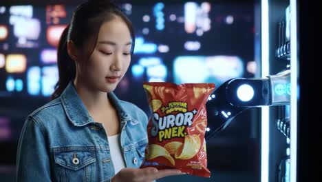 a young woman enjoys the convenience of a vending machine, delightedly holding a bag of chips in a modern, ambient setting with glowing lights
