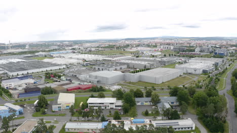 large warehouse storage industrial area in pilsen,czechia,drone shot