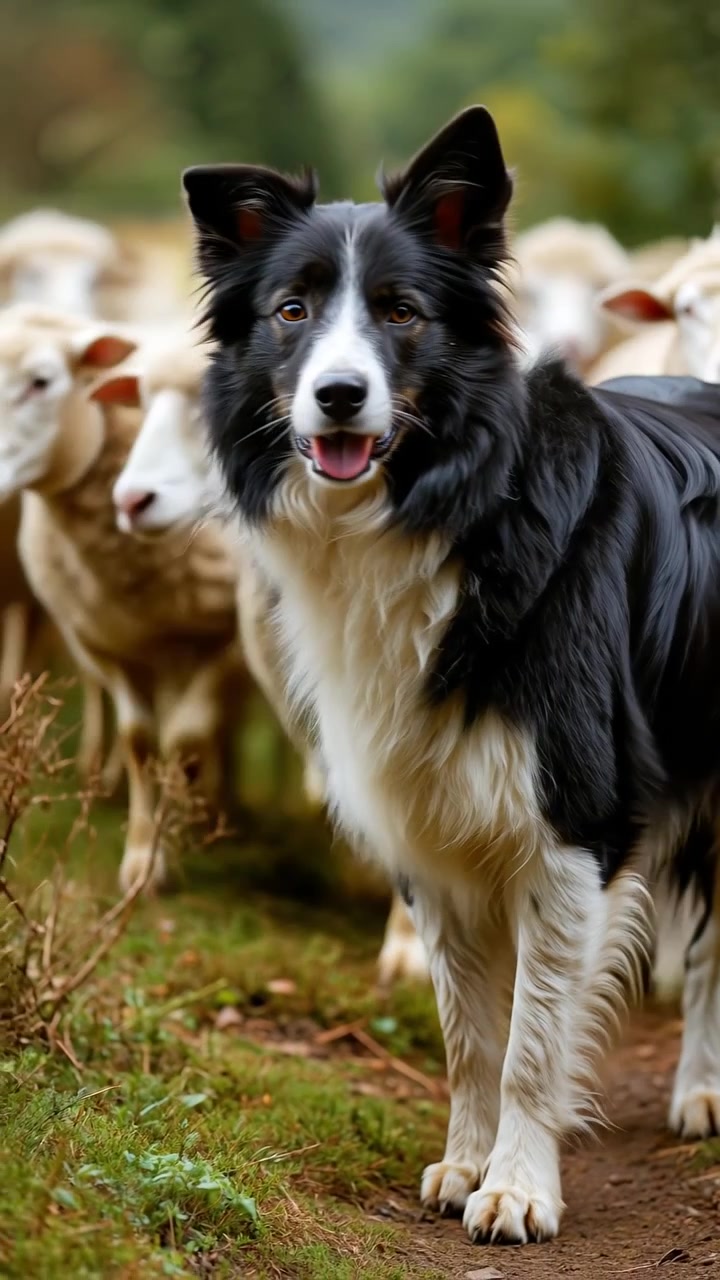 Cane Border Collie che raduna un gregge di pecore domestiche lungo un sentiero rurale