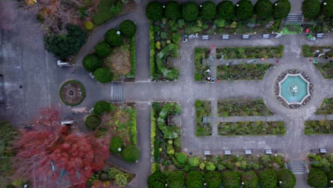 un parque simétrico con una fuente central y coches estacionados, filmado durante el día, vista aérea