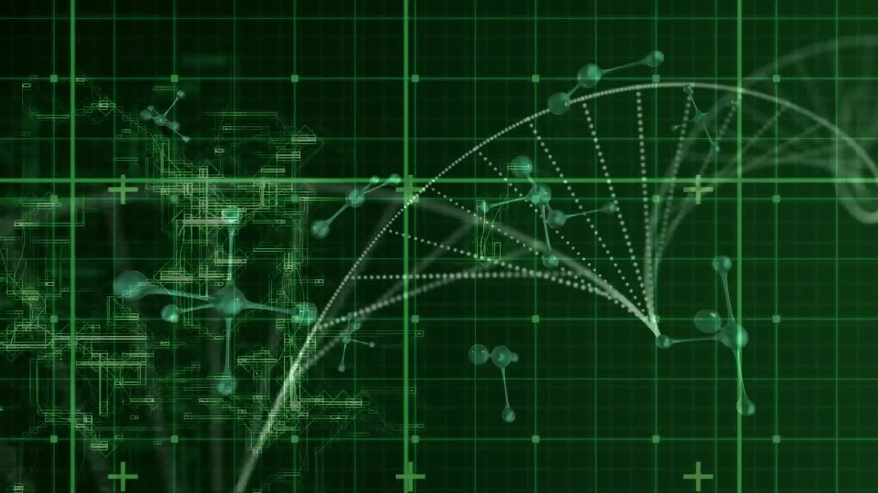 원자 구조와 입자가 헬릭스를 형성하는 애니메이션을 녹색 데이터를 처리합니다.