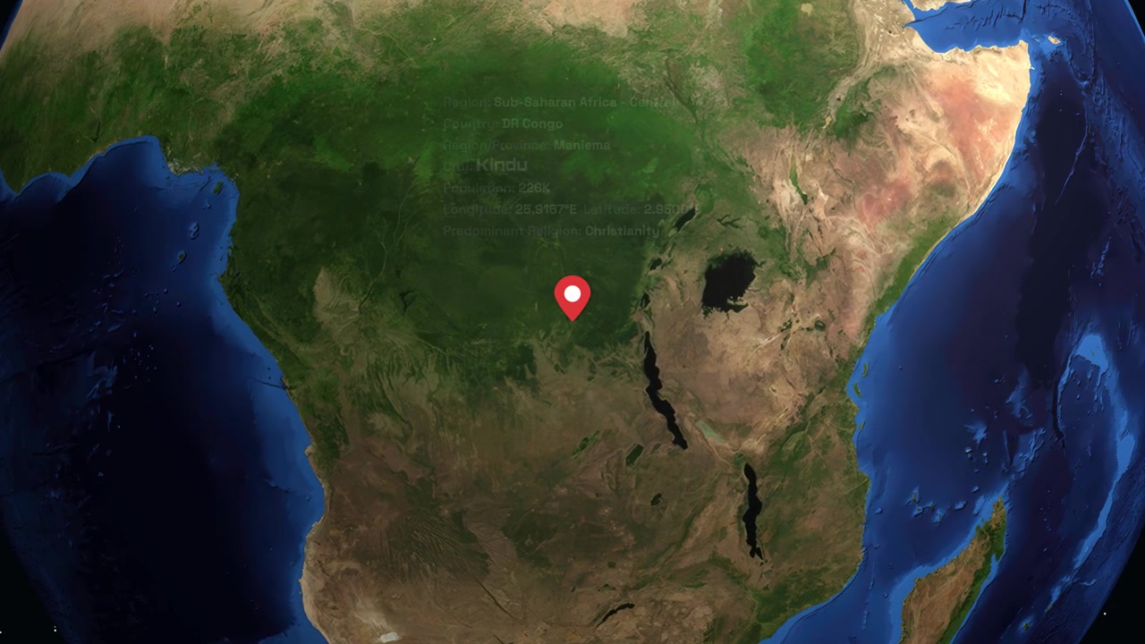A digital globe rotates and zooms into Kindu, Maniema, displaying regional data and location markers