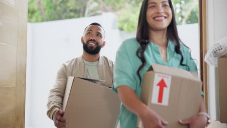 Children,-moving-box-and-happy-family-walking