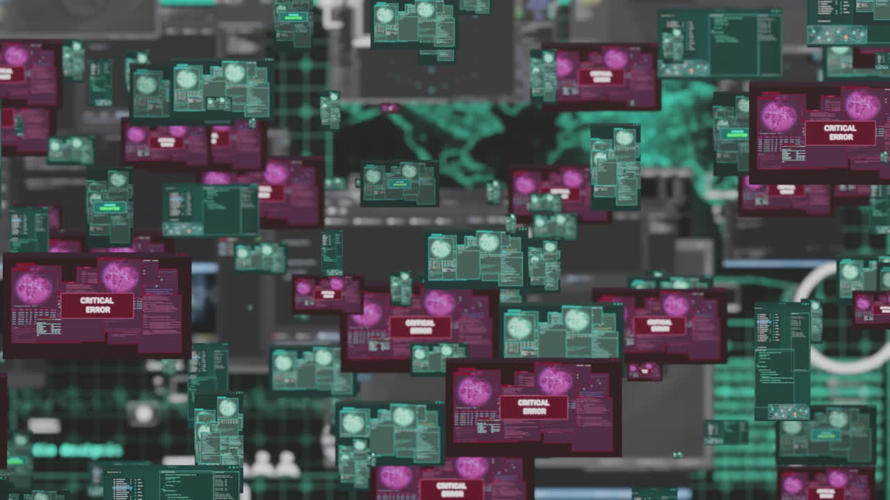 Multimedia video wall featuring critical system error warnings