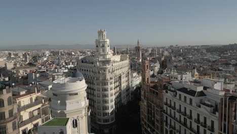 Drone-Shot-Coming-Over-Buildings-and-Revealing-the-City-of-Valencia,-Spain