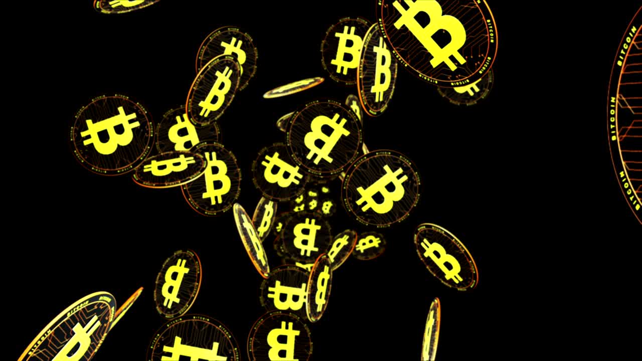 animación de monedas de bitcoin, fondo, renderización y bucle