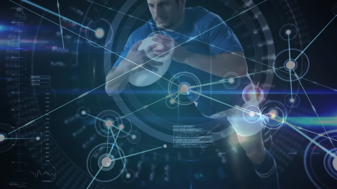 Network connection with male rugby player jumping