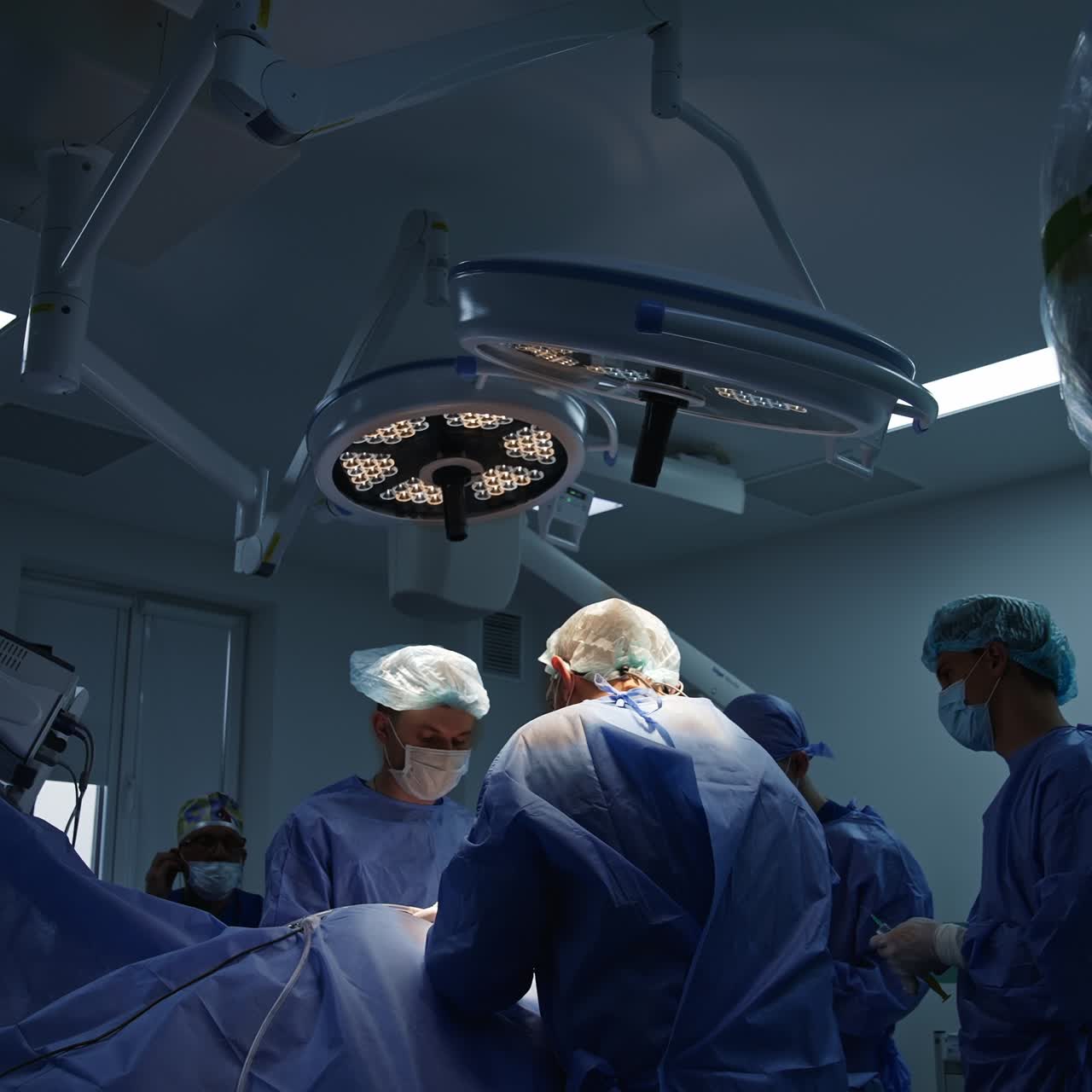 Gruppe af professionelle kirurger, der står over patienten og udfører operationen. Stor skærm i baggrunden.