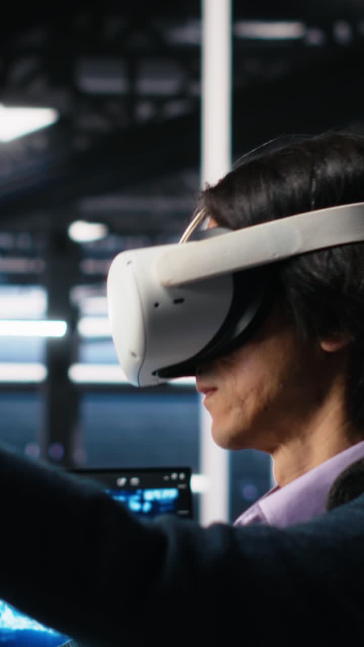Vertical video Programmer using VR goggles in data center, coding with generative AI