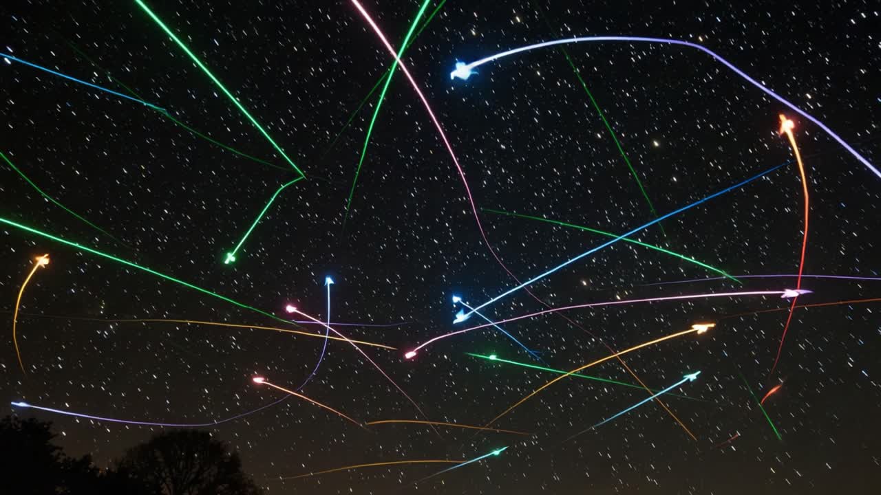 A Stunning Night Sky Display with Colorful Light Trails Showcasing the Beauty of Movement Among Stars in a Vibrant Cosmic Scene