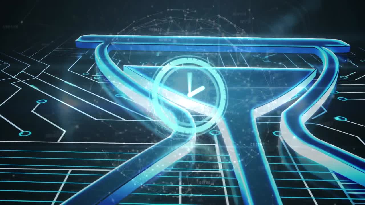 검은 바탕 위의 시계 아이콘과 연결 네트워크의 애니메이션