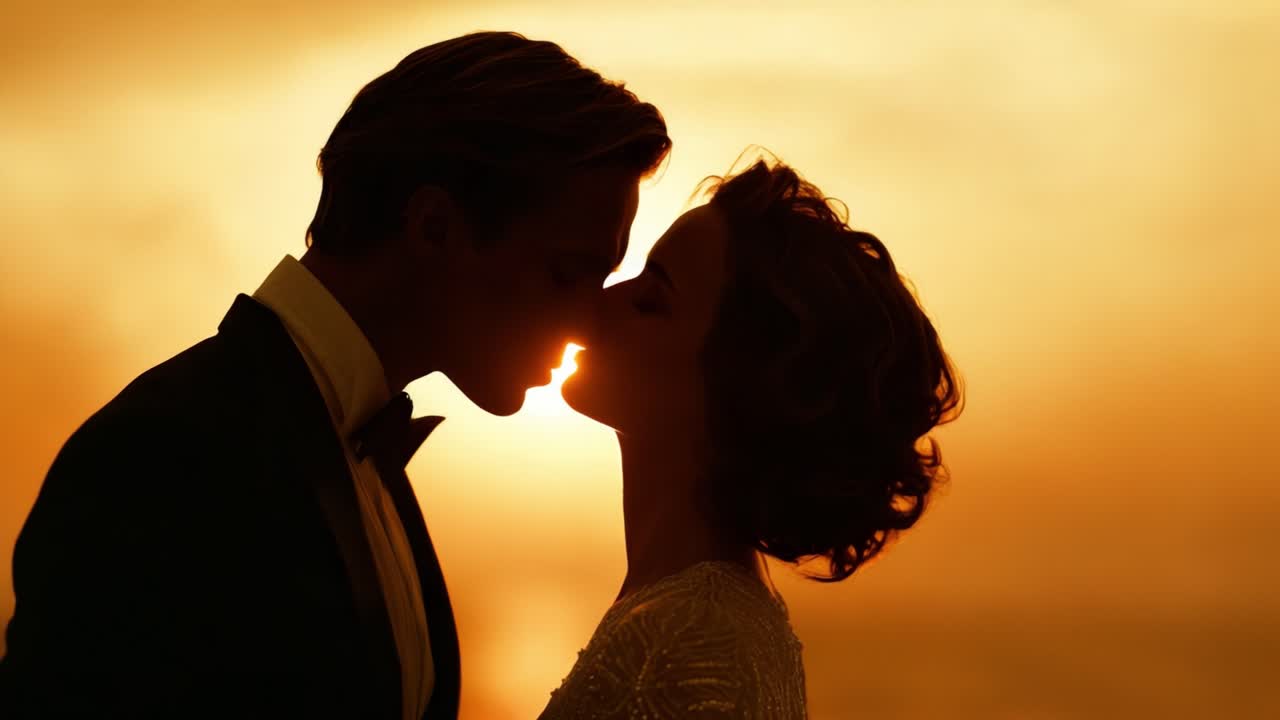 A Romantic Embrace Against a Stunning Sunset: The Intimate Moment Unfolds as Two Lovers Share Their First Kiss Beneath the Glow of a Golden Horizon