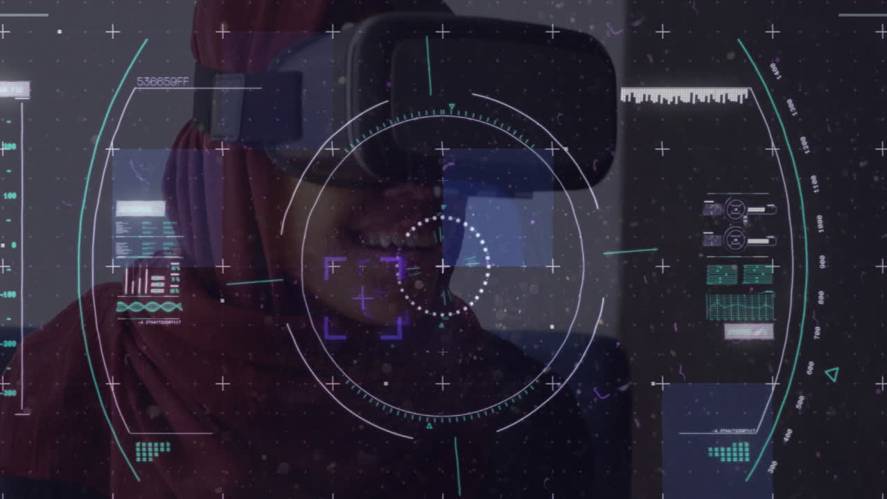 animación de la exploración del alcance sobre una mujer sonriente en hijab con auriculares vr